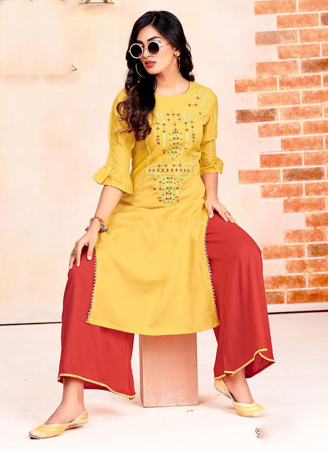 Heavy Rayon Stylist and fancy Kurtis With Plazzo, Pants and Sharara Collection 